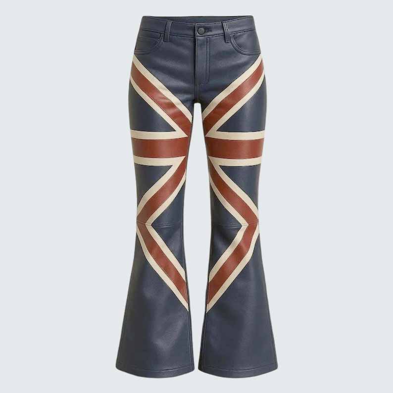 Men's Union Jack Genuine Leather Flare Pants with British Flag Biker Style