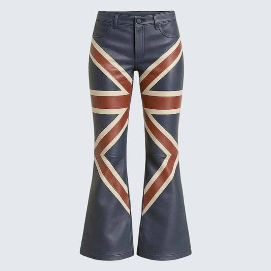 Men's Union Jack Genuine Leather Flare Pants with British Flag Biker Style - 3amoto shop