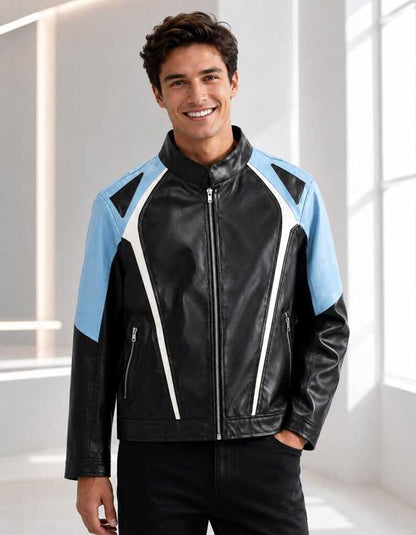 Unisex black and sky blue racing lambskin leather moto jacket by 3AMOTO