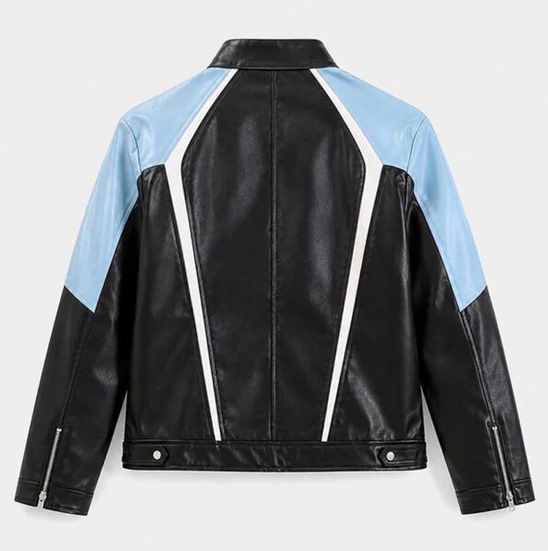 Genuine lambskin motorcycle racing jacket with sky blue shoulder panels