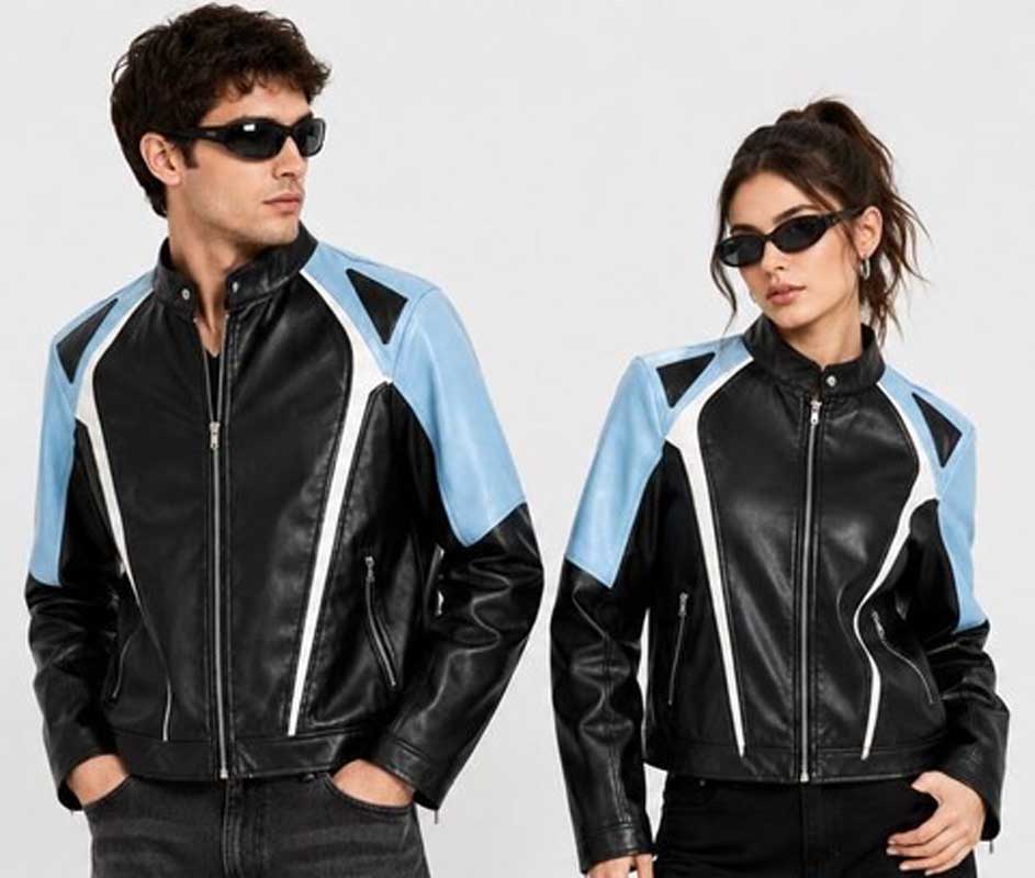 Premium café racer leather jacket in black and sky blue for men and women