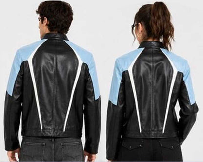 Unisex genuine leather biker jacket with white racing accents by 3AMOTO