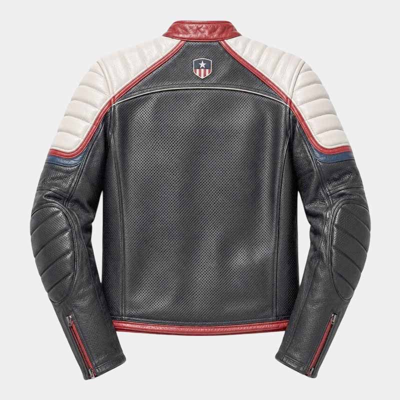 Black motorcycle leather jacket with red ivory and navy racing accents