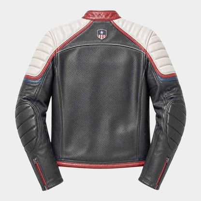 Black motorcycle leather jacket with red ivory and navy racing accents