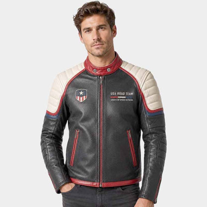 Handmade men's cafe racer leather jacket with perforated detailing