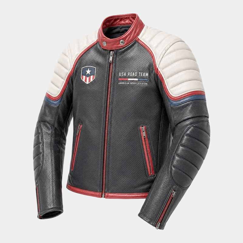 USA Racing men's black sheepskin leather cafe racer jacket with padded shoulders