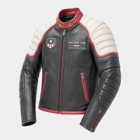 USA Racing men's black sheepskin leather cafe racer jacket with padded shoulders - 3amoto shop
