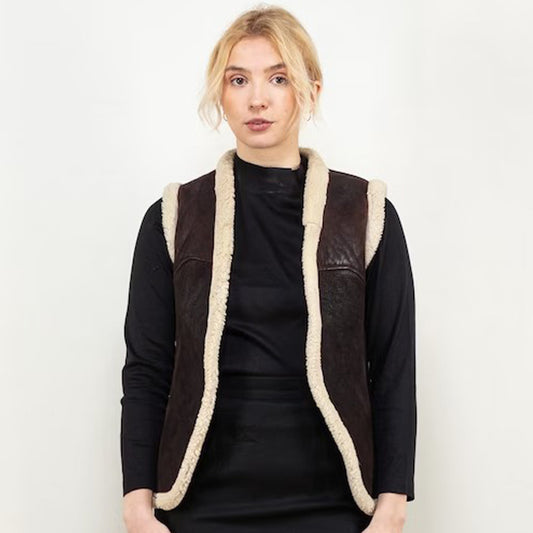 Vintage 70s Women's Brown Sheepskin Shearling Vest - Fashion Leather Jackets USA - 3AMOTO