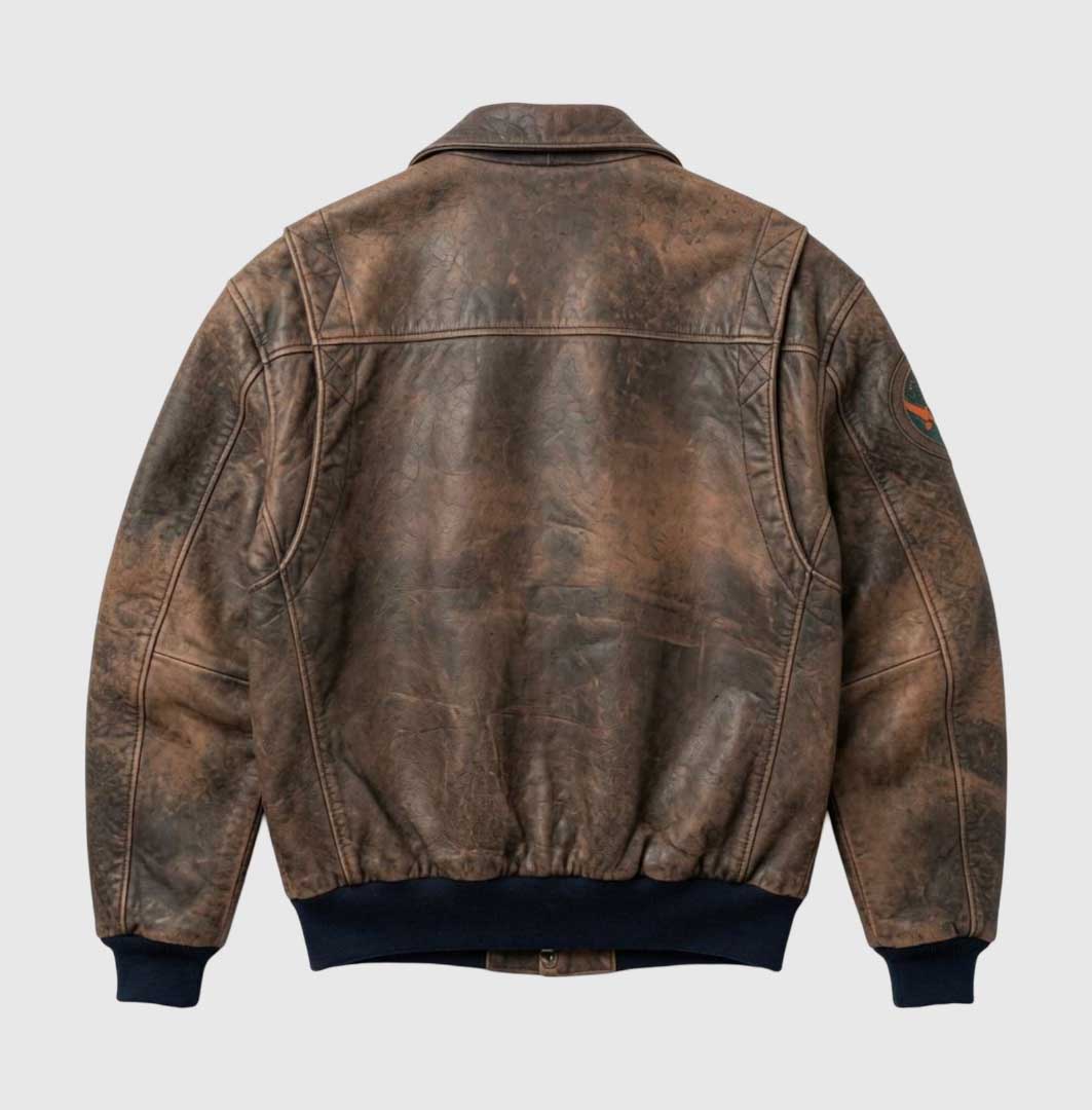 Brown A2-style leather bomber jacket with a pointed collar.
