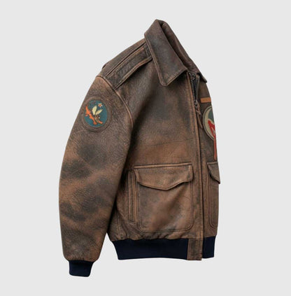 Distressed brown flight bomber with front zipper closure.