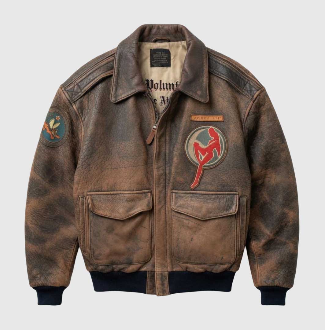 Men's vintage brown distressed leather flight jacket with decorative patches.