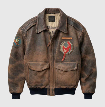 Men's vintage brown distressed leather flight jacket with decorative patches.