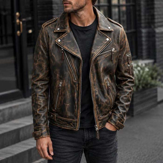 Front view of vintage distressed leather biker jacket with classic lapel collar - 3amoto shop