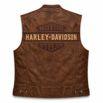 Men's Vintage Brown Genuine Leather Harley Davidson Biker Vest with Distressed Finish