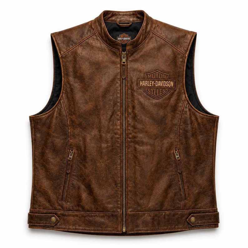 Men's Vintage Brown Genuine Leather Harley Davidson Biker Vest with Distressed Finish