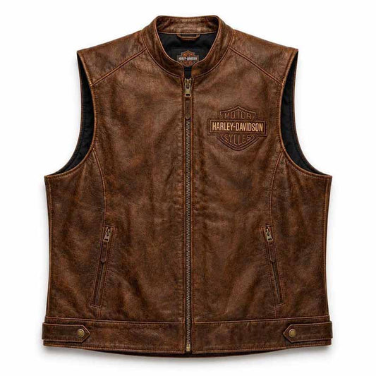 Men's Vintage Brown Genuine Leather Harley Davidson Biker Vest with Distressed Finish - 3amoto shop