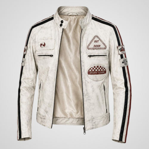 Vintage moto biker jacket with contrasting shoulder and sleeve stripes
