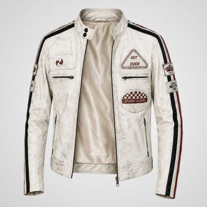 Vintage moto biker jacket with contrasting shoulder and sleeve stripes