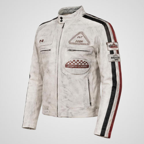 Leather racing jacket with high stand collar and front zipper
