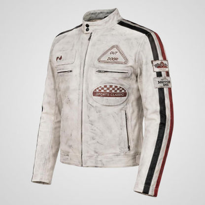 Leather racing jacket with high stand collar and front zipper