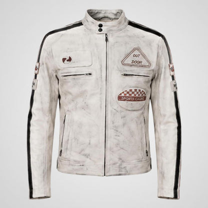 Vintage leather racing jacket with moto biker styling