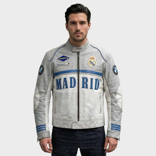 Front view of vintage Madrid BMW cafe racer leather biker jacket in grey and white - 3amoto shop