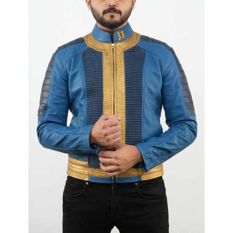 Unisex Blue and Gold Sheepskin Leather Wasteland Hero Wanderer Jacket with Golden 33 Patches