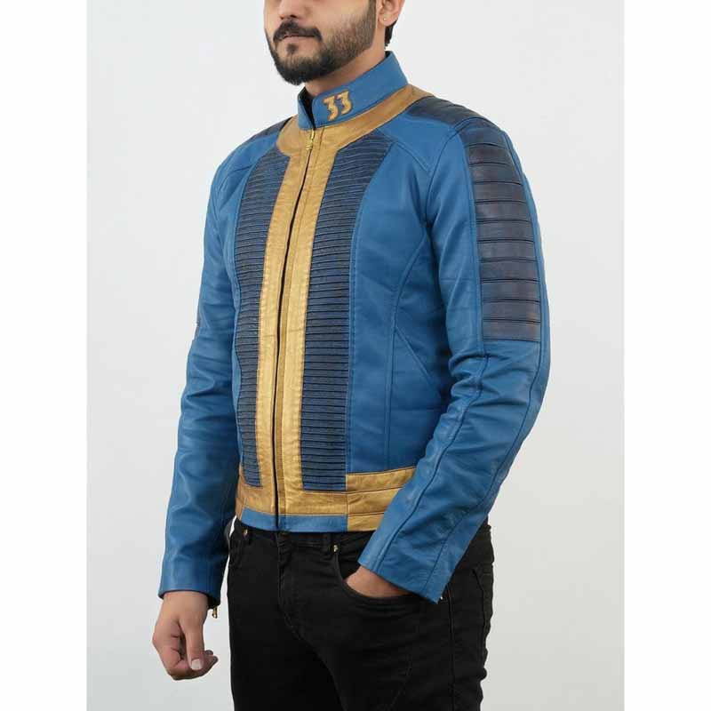 Unisex Blue and Gold Sheepskin Leather Wasteland Hero Wanderer Jacket with Golden 33 Patches