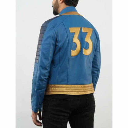 Unisex Blue and Gold Sheepskin Leather Wasteland Hero Wanderer Jacket with Golden 33 Patches