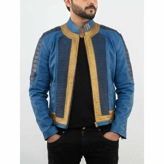 Unisex Blue and Gold Sheepskin Leather Wasteland Hero Wanderer Jacket with Golden 33 Patches - 3amoto shop