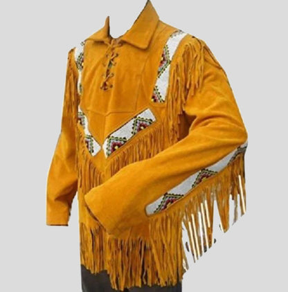 Western Men Cowboy Suede Jacket - Tan Fringes