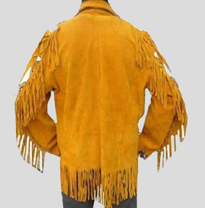 Western Men Cowboy Suede Jacket - Tan Fringes