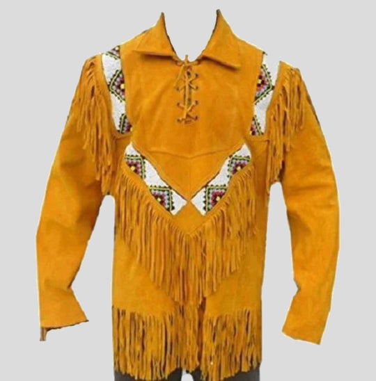 Western Men Cowboy Suede Jacket - Tan Fringes