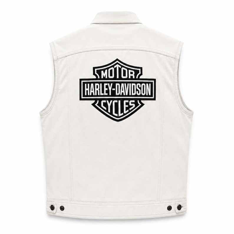 Men's White Leather Harley Davidson Biker Vest with Utility Pockets