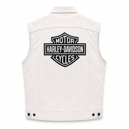 Men's White Leather Harley Davidson Biker Vest with Utility Pockets