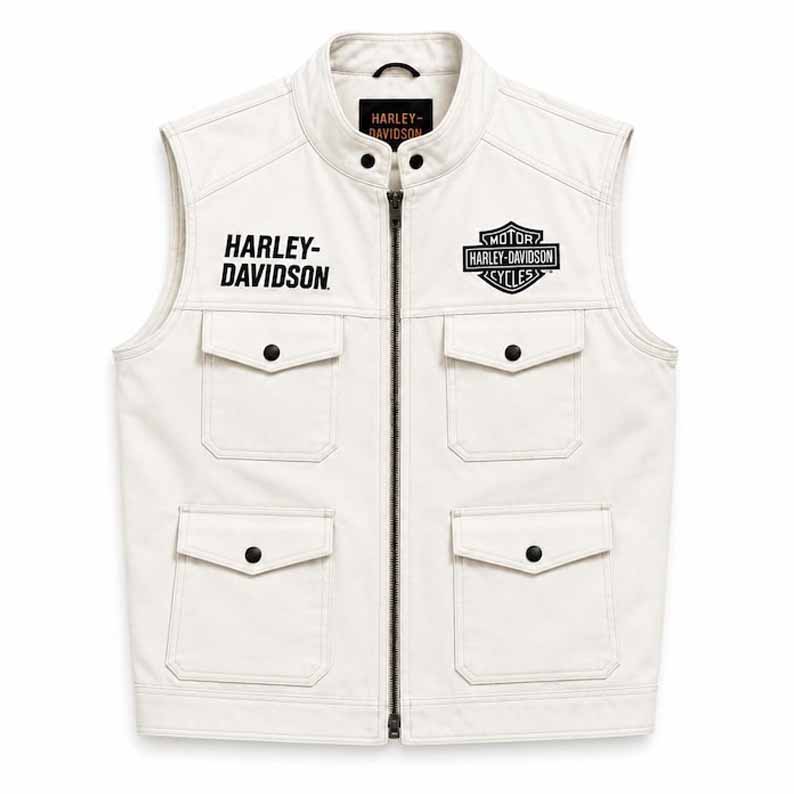Men's White Leather Harley Davidson Biker Vest with Utility Pockets