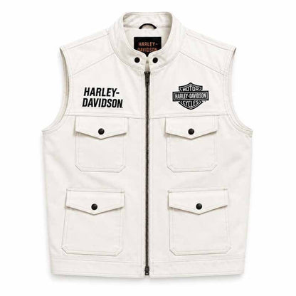 Men's White Leather Harley Davidson Biker Vest with Utility Pockets