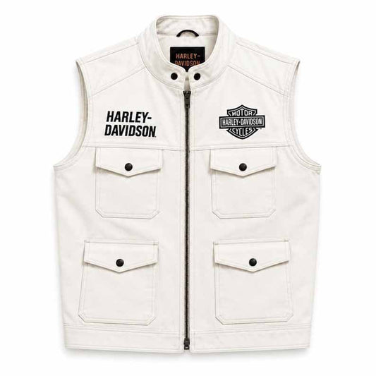 Men's White Leather Harley Davidson Biker Vest with Utility Pockets - 3amoto shop
