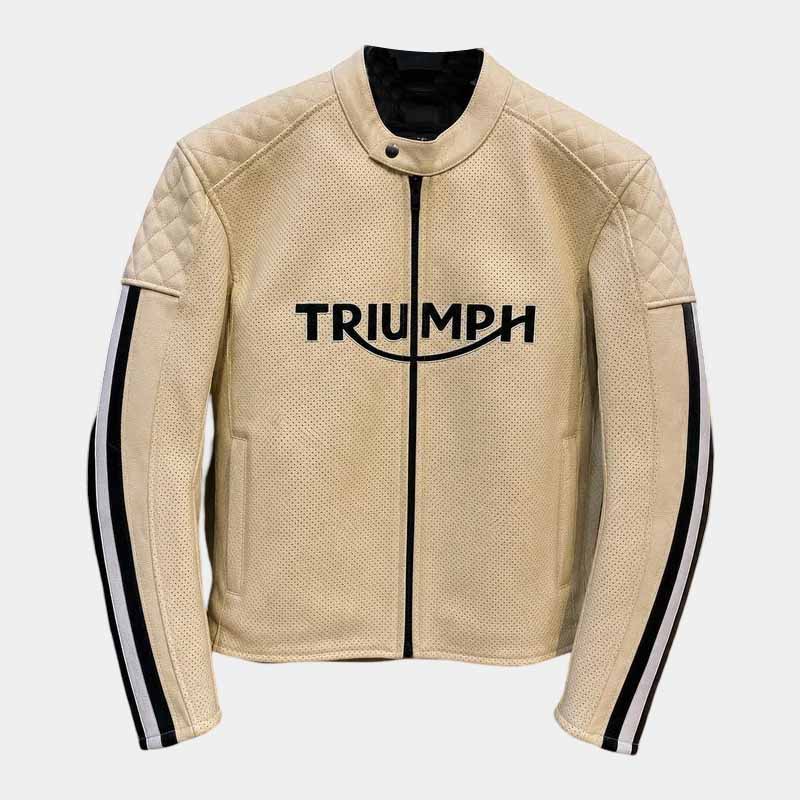 Triumph men's white genuine leather cafe racer jacket front view