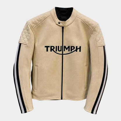 Triumph men's white genuine leather cafe racer jacket front view