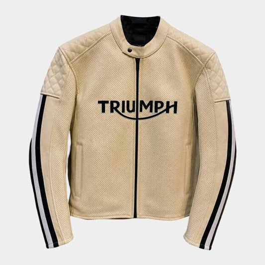 Triumph men's white genuine leather cafe racer jacket front view - 3amoto shop
