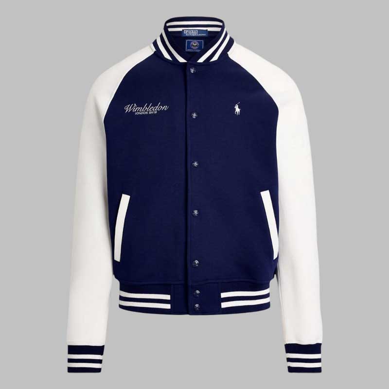 Men wearing Wimbledon navy letterman varsity jacket