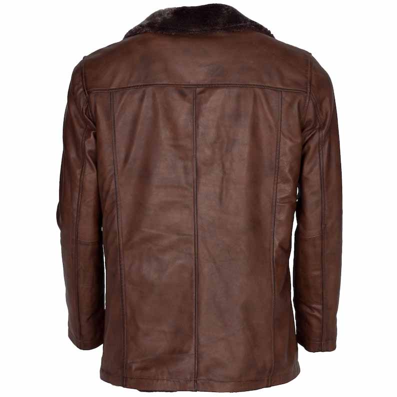 Men Brown Real Leather Coat with Wolverine Faux Fur Collar Style