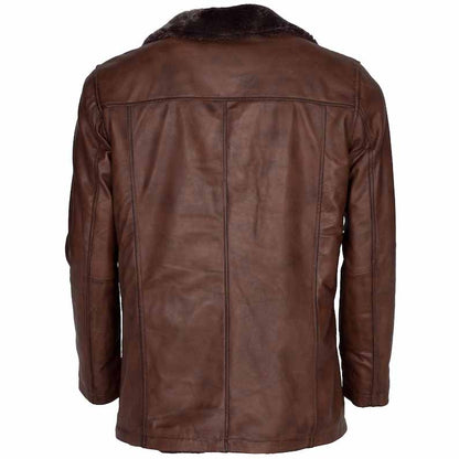 Men Brown Real Leather Coat with Wolverine Faux Fur Collar Style