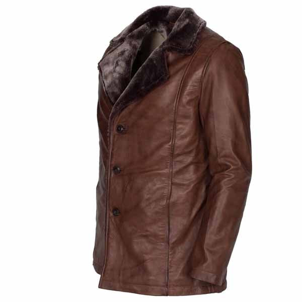 Men Brown Real Leather Coat with Wolverine Faux Fur Collar Style