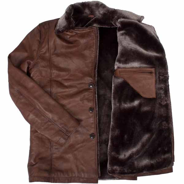Men Brown Real Leather Coat with Wolverine Faux Fur Collar Style