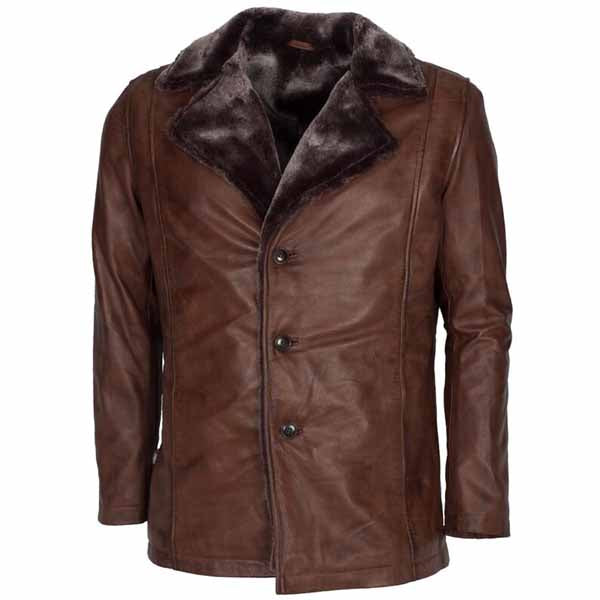 Men Brown Real Leather Coat with Wolverine Faux Fur Collar Style