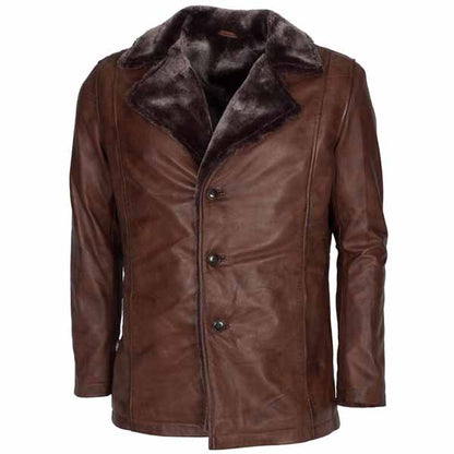 Men Brown Real Leather Coat with Wolverine Faux Fur Collar Style
