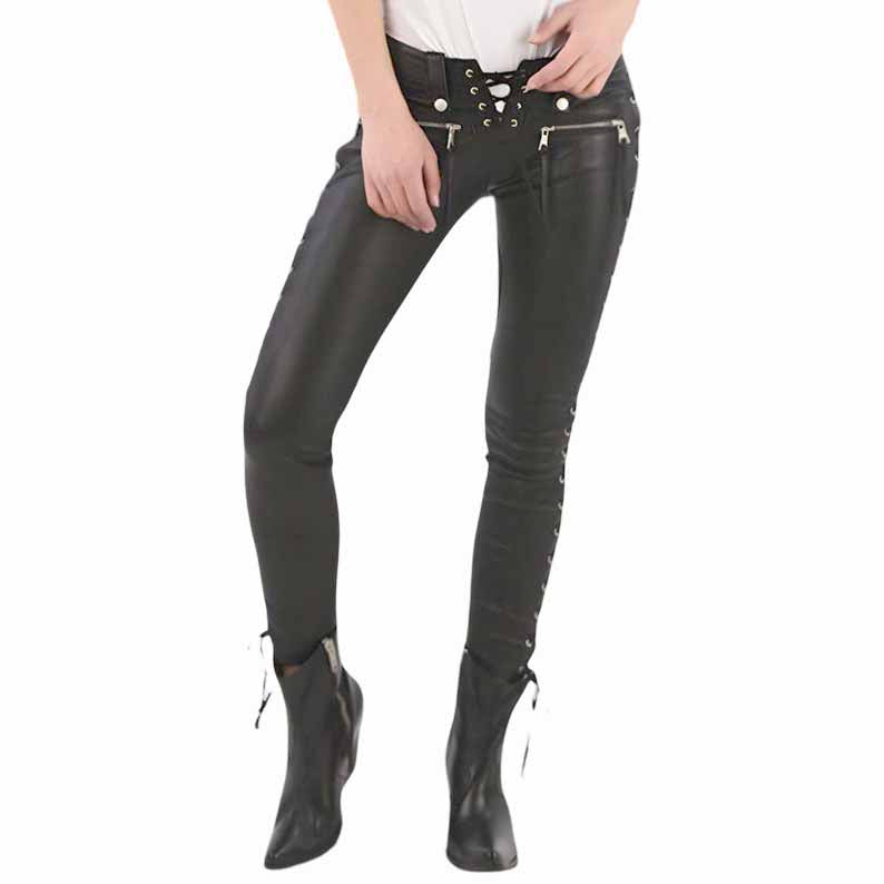 Women Black Genuine Leather Gothic Biker Pants with Lace Up Sides