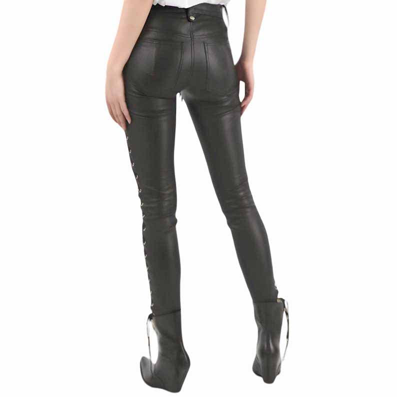 Women Black Genuine Leather Gothic Biker Pants with Lace Up Sides